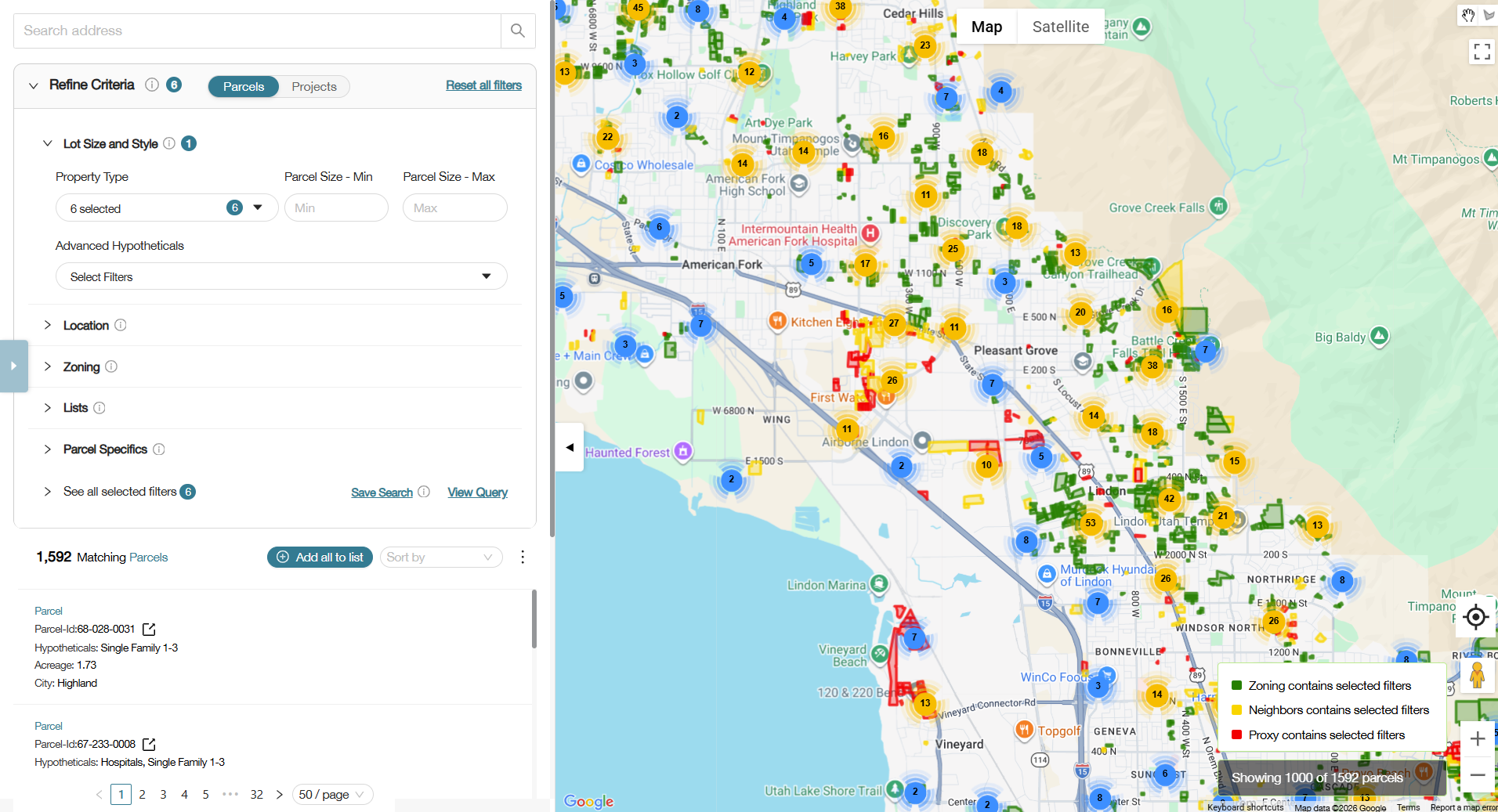 Naxxa platform showing parcel map with zoning filters and land intelligence data across Utah